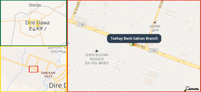 Map showing the address of Tsehay Bank Sabian Branch in three different zoom levels.