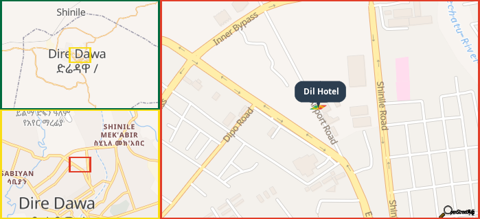 Map showing the address of Dil Hotel in three different zoom levels.