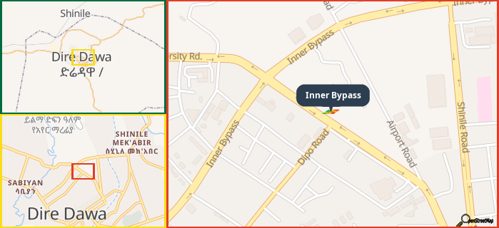 Map showing the address of Inner Bypass in three different zoom levels.