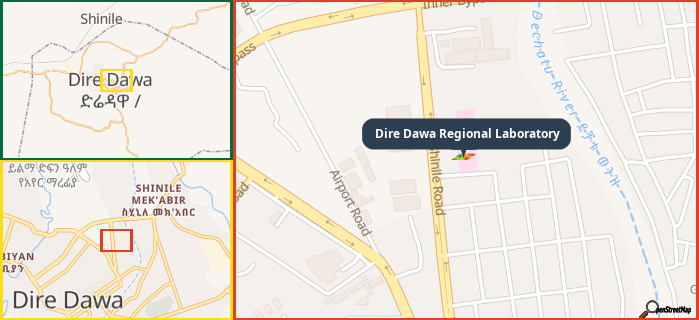 Map showing the address of Dire Dawa Regional Laboratory in three different zoom levels.