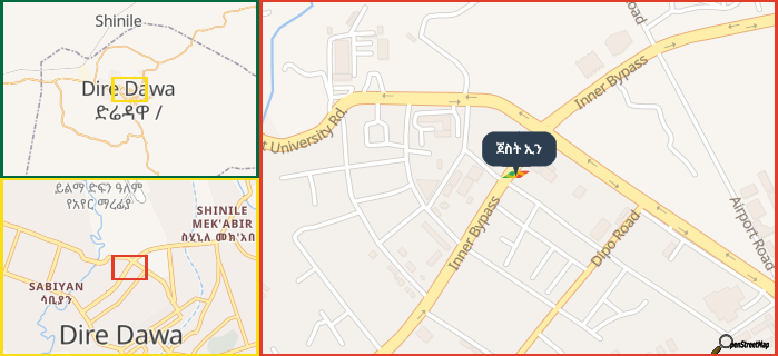 Map showing the address of ጀስት ኢን in three different zoom levels.