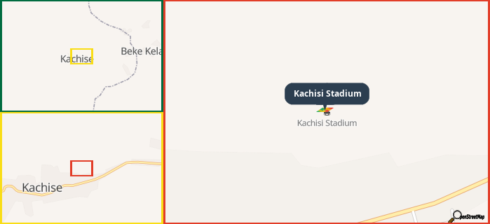 Map showing the address of Kachisi Stadium in three different zoom levels.