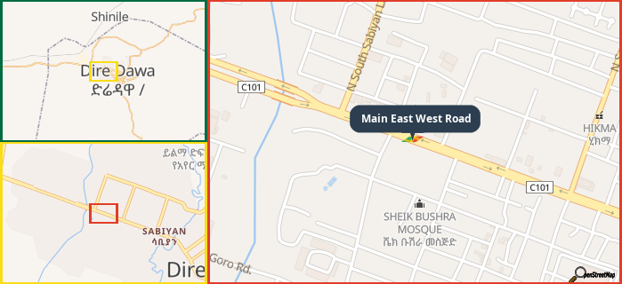 Map showing the address of Main East West Road in three different zoom levels.