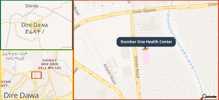 Map showing the address of Number One Health Center in three different zoom levels.