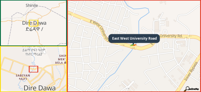 Map showing the address of East West University Road in three different zoom levels.