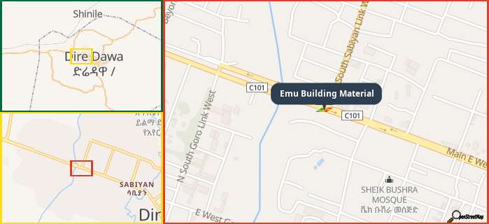 Map showing the address of Emu Building Material in three different zoom levels.