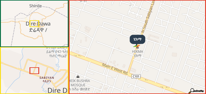 Map showing the address of ሂክማ in three different zoom levels.