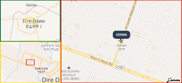 Map showing the address of HIKMA in three different zoom levels.