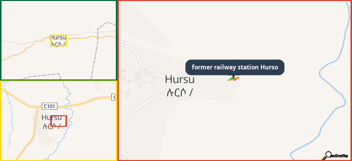 Map showing the address of former railway station Hurso in three different zoom levels.