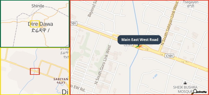Map showing the address of Main East West Road in three different zoom levels.