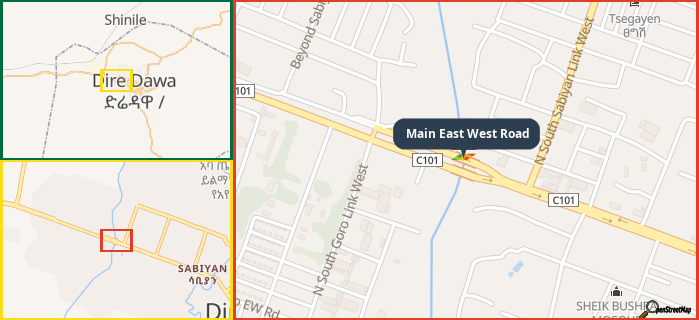 Map showing the address of Main East West Road in three different zoom levels.