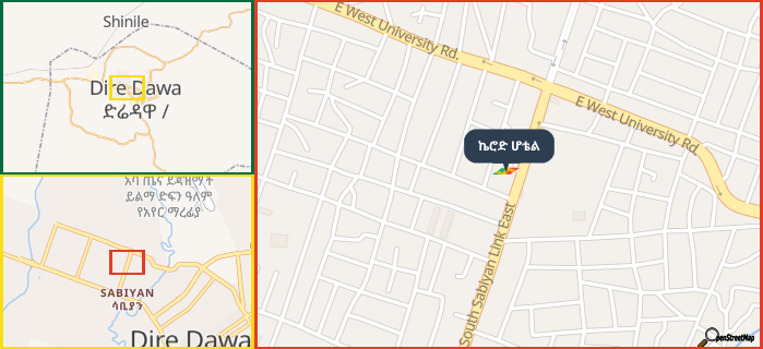 Map showing the address of ኬሮድ ሆቴል in three different zoom levels.