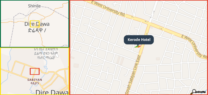 Map showing the address of Kerode Hotel in three different zoom levels.