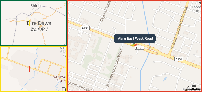 Map showing the address of Main East West Road in three different zoom levels.