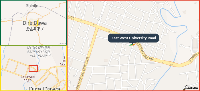 Map showing the address of East West University Road in three different zoom levels.