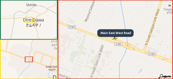 Map showing the address of Main East West Road in three different zoom levels.
