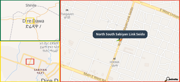 Map showing the address of North South Sabiyan Link Seido in three different zoom levels.