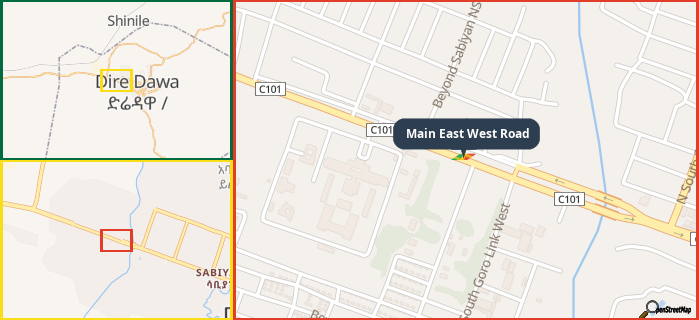 Map showing the address of Main East West Road in three different zoom levels.