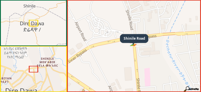 Map showing the address of Shinile Road in three different zoom levels.