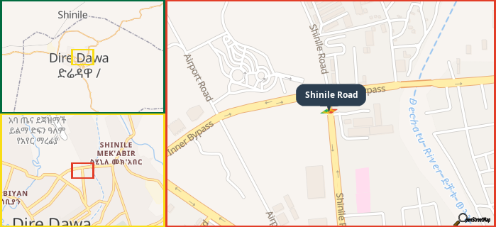 Map showing the address of Shinile Road in three different zoom levels.