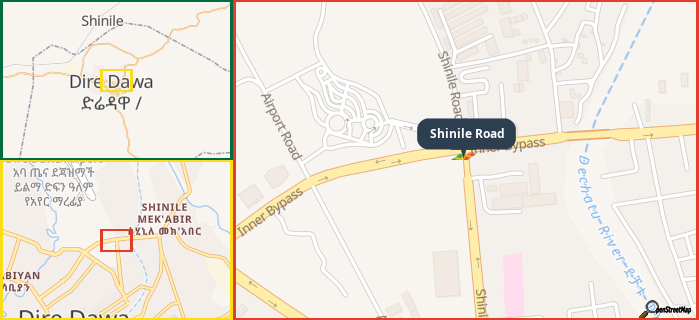 Map showing the address of Shinile Road in three different zoom levels.