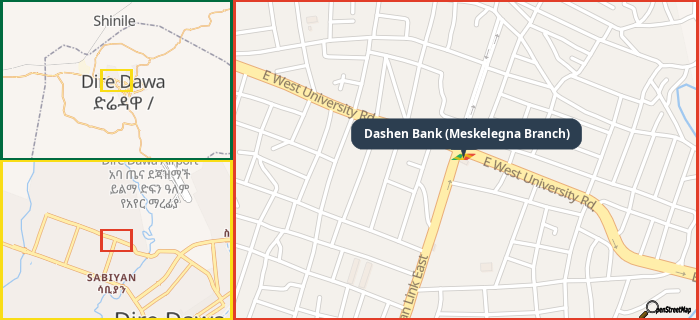 Map showing the address of Dashen Bank (Meskelegna Branch) in three different zoom levels.