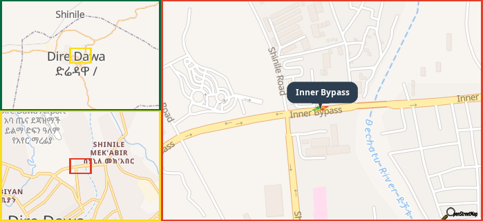 Map showing the address of Inner Bypass in three different zoom levels.