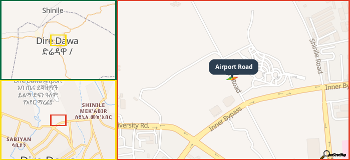 Map showing the address of Airport Road in three different zoom levels.