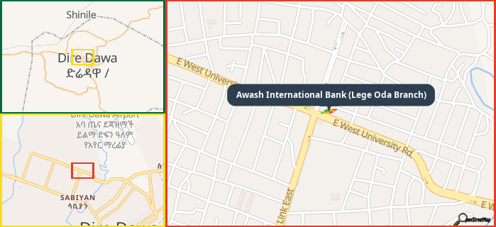 Map showing the address of Awash International Bank (Lege Oda Branch) in three different zoom levels.