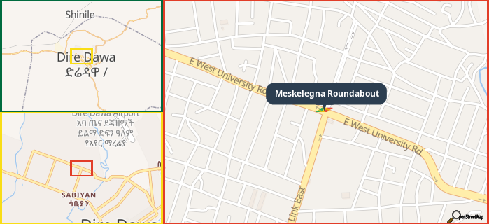 Map showing the address of Meskelegna Roundabout in three different zoom levels.