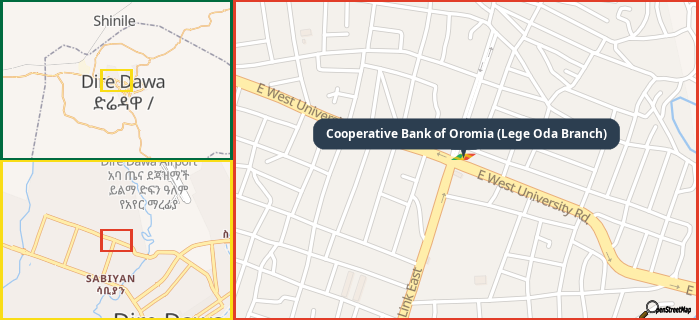 Map showing the address of Cooperative Bank of Oromia (Lege Oda Branch) in three different zoom levels.