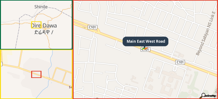 Map showing the address of Main East West Road in three different zoom levels.