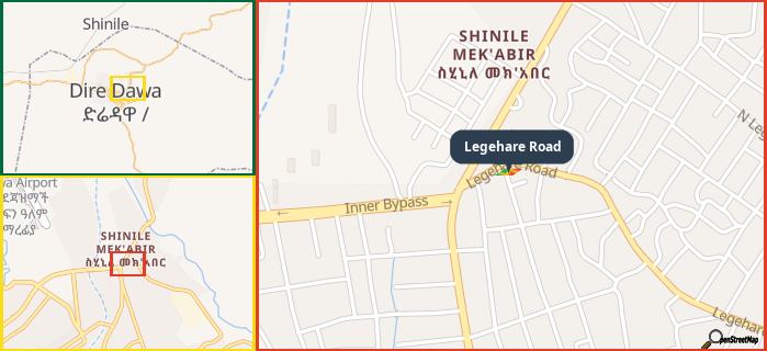 Map showing the address of Legehare Road in three different zoom levels.