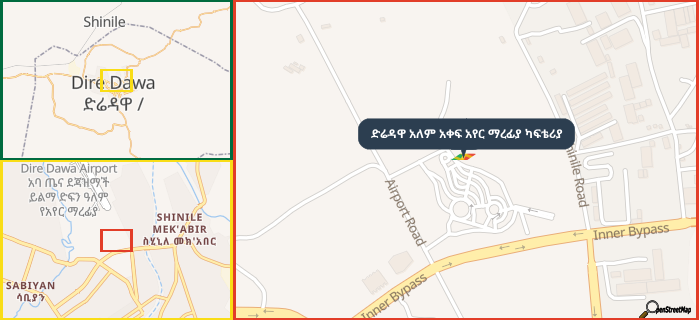 Map showing the address of ድሬዳዋ አለም አቀፍ አየር ማረፊያ ካፍቴሪያ in three different zoom levels.