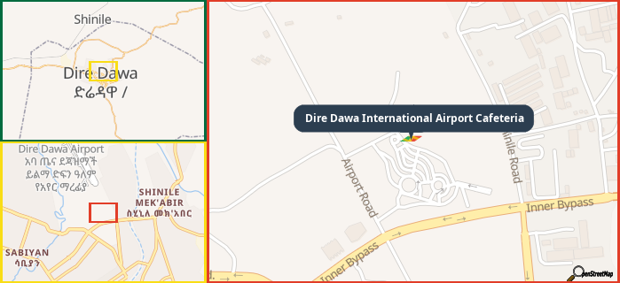 Map showing the address of Dire Dawa International Airport Cafeteria in three different zoom levels.