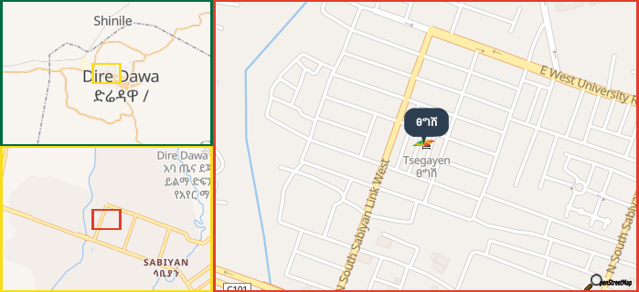 Map showing the address of ፀግሽ in three different zoom levels.
