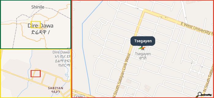 Map showing the address of Tsegayen in three different zoom levels.