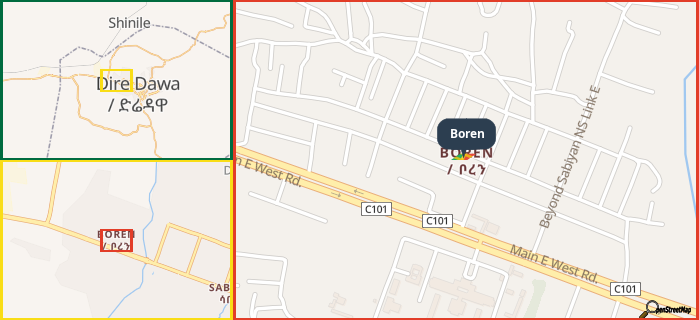 Map showing the address of Boren in three different zoom levels.