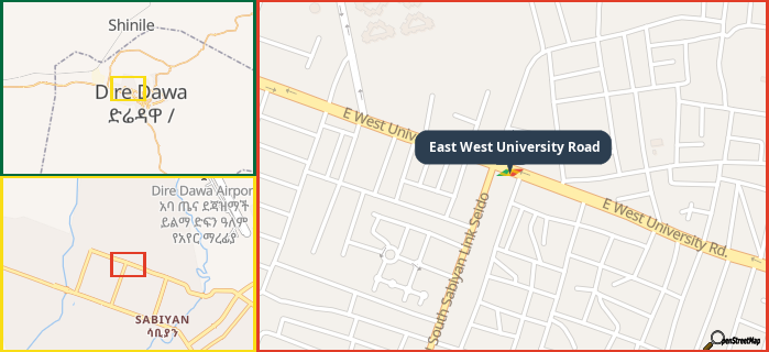 Map showing the address of East West University Road in three different zoom levels.
