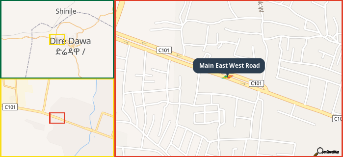 Map showing the address of Main East West Road in three different zoom levels.