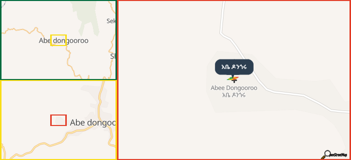 Map showing the address of አቤ ዶንጎሩ in three different zoom levels.