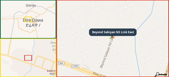 Map showing the address of Beyond Sabiyan NS Link East in three different zoom levels.