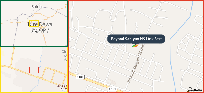 Map showing the address of Beyond Sabiyan NS Link East in three different zoom levels.