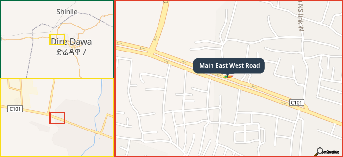 Map showing the address of Main East West Road in three different zoom levels.