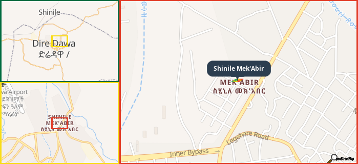 Map showing the address of Shinile Mek'Abir in three different zoom levels.