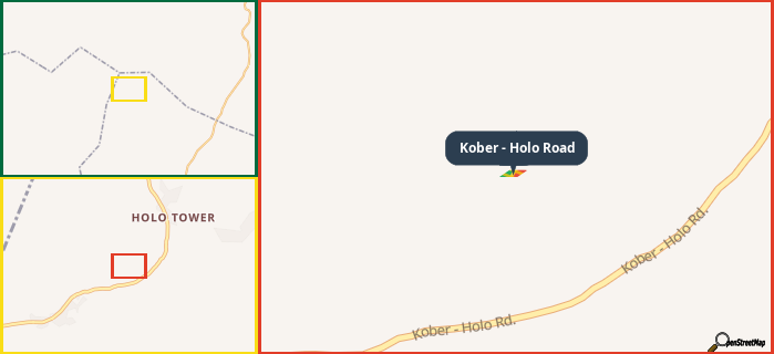 Map showing the address of Kober - Holo Road in three different zoom levels.