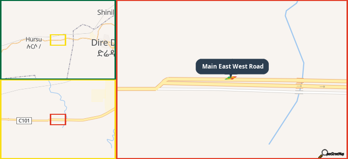 Map showing the address of Main East West Road in three different zoom levels.