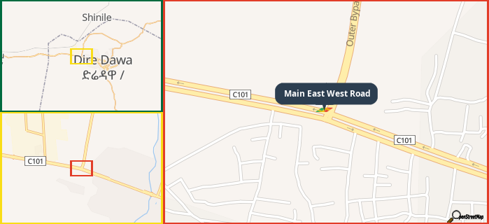 Map showing the address of Main East West Road in three different zoom levels.