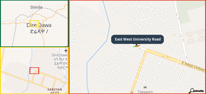 Map showing the address of East West University Road in three different zoom levels.