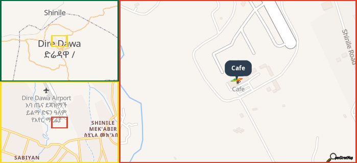 Map showing the address of Cafe in three different zoom levels.
